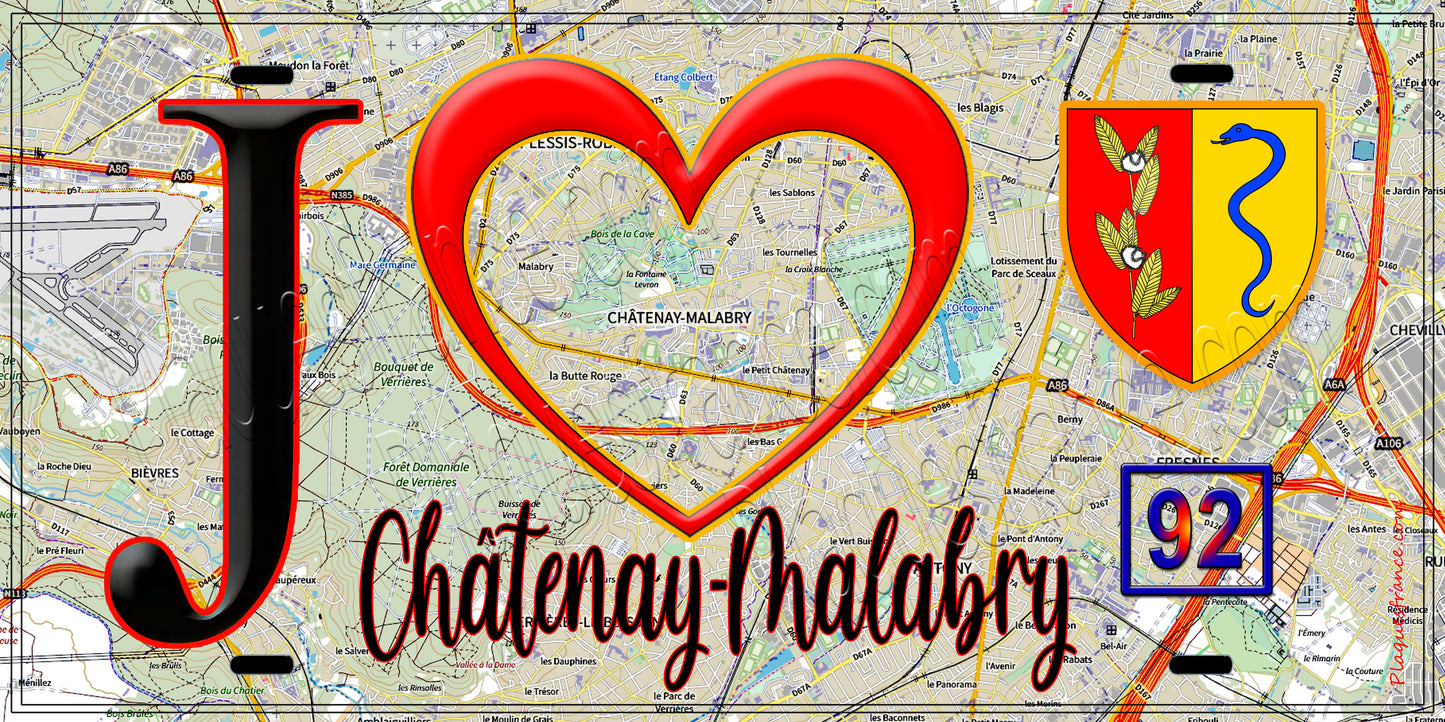 Plaque métal décorative  J' ❤️ Châtenay-Malabry, Hauts de Seine (92) fond carte
