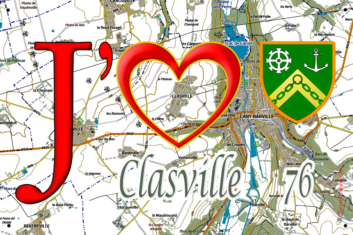 Plaque métal décorative 20 cm X 30 cm J' ❤️ Clasville, Seine Maritime (76)