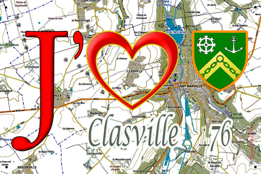 Plaque métal décorative 20 cm X 30 cm J' ❤️ Clasville, Seine Maritime (76)