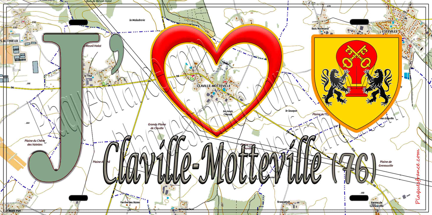 Plaque métal décorative 15X30 J' ❤️ Claville-Motteville, Seine Maritime (76) géo