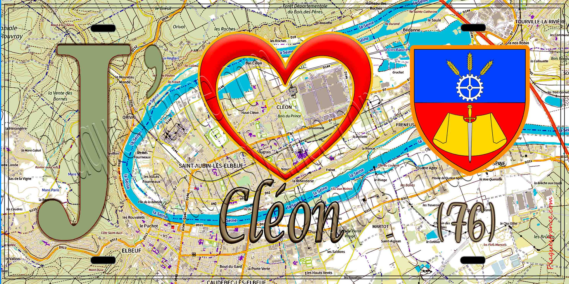 Plaque métal décorative 15X30 J' ❤️ Cléon, Seine Maritime (76) géo