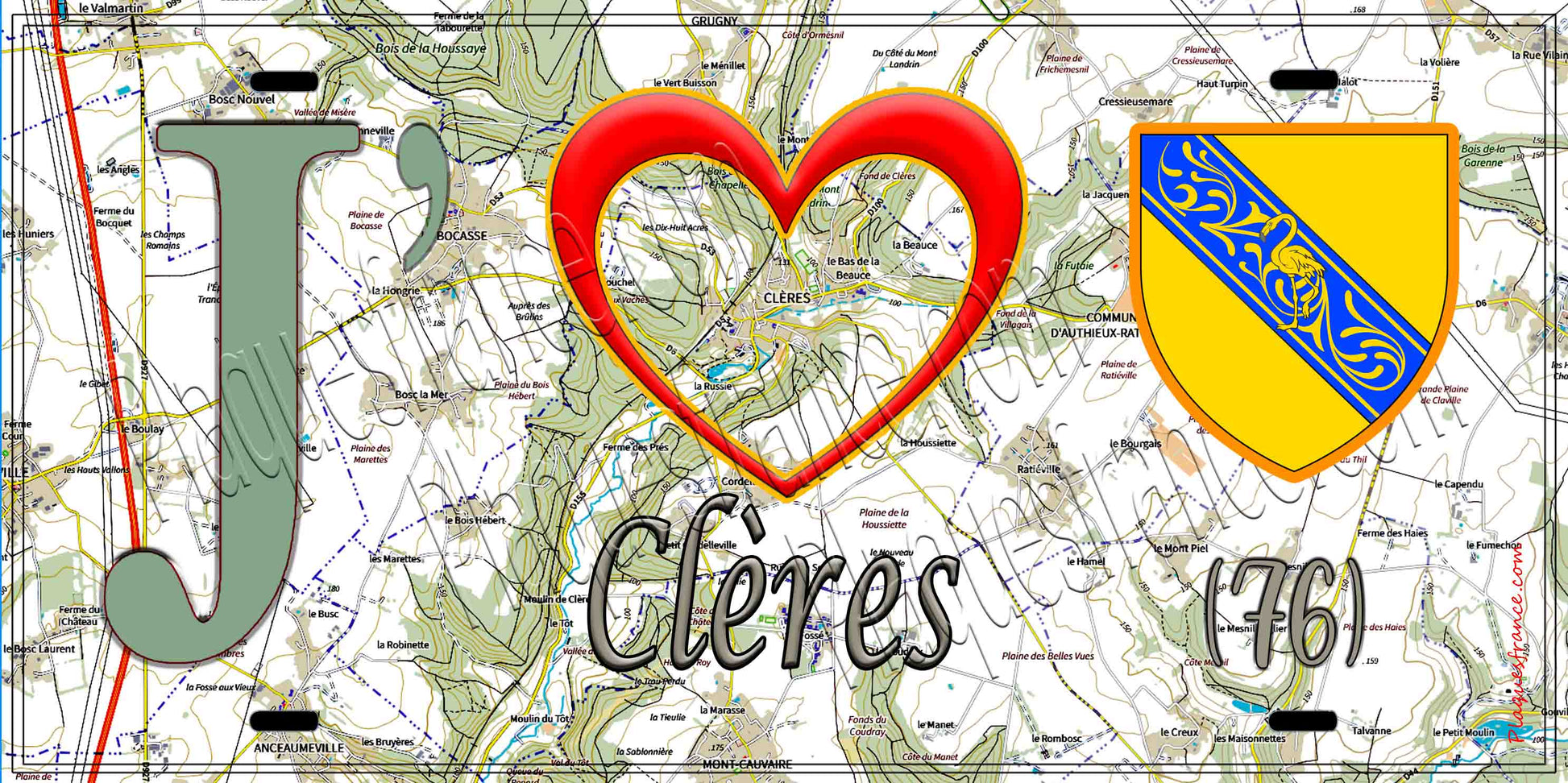 Plaque métal décorative 15X30 J' ❤️ Clères, Seine Maritime (76) geo