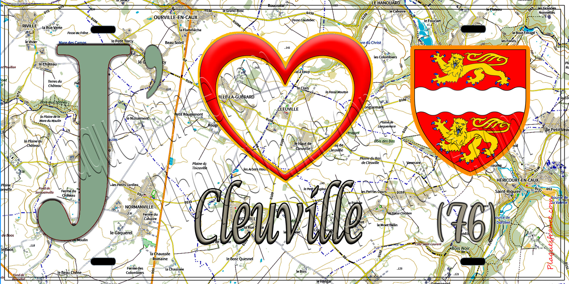 Plaque métal décorative 15X30 J' ❤️ Cleuville, Seine Maritime (76) géo