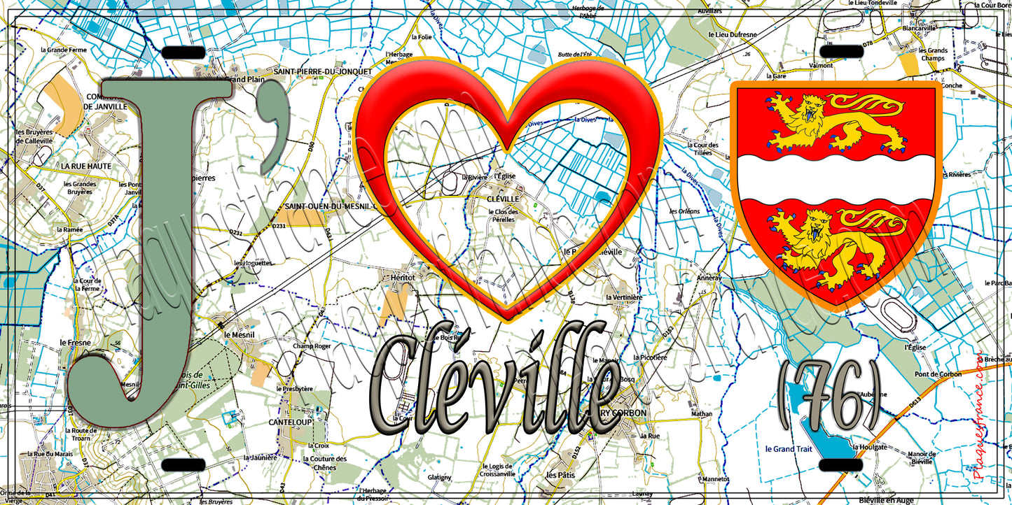 Plaque métal décorative 15X30 J' ❤️ Cléville, Seine Maritime (76) géo