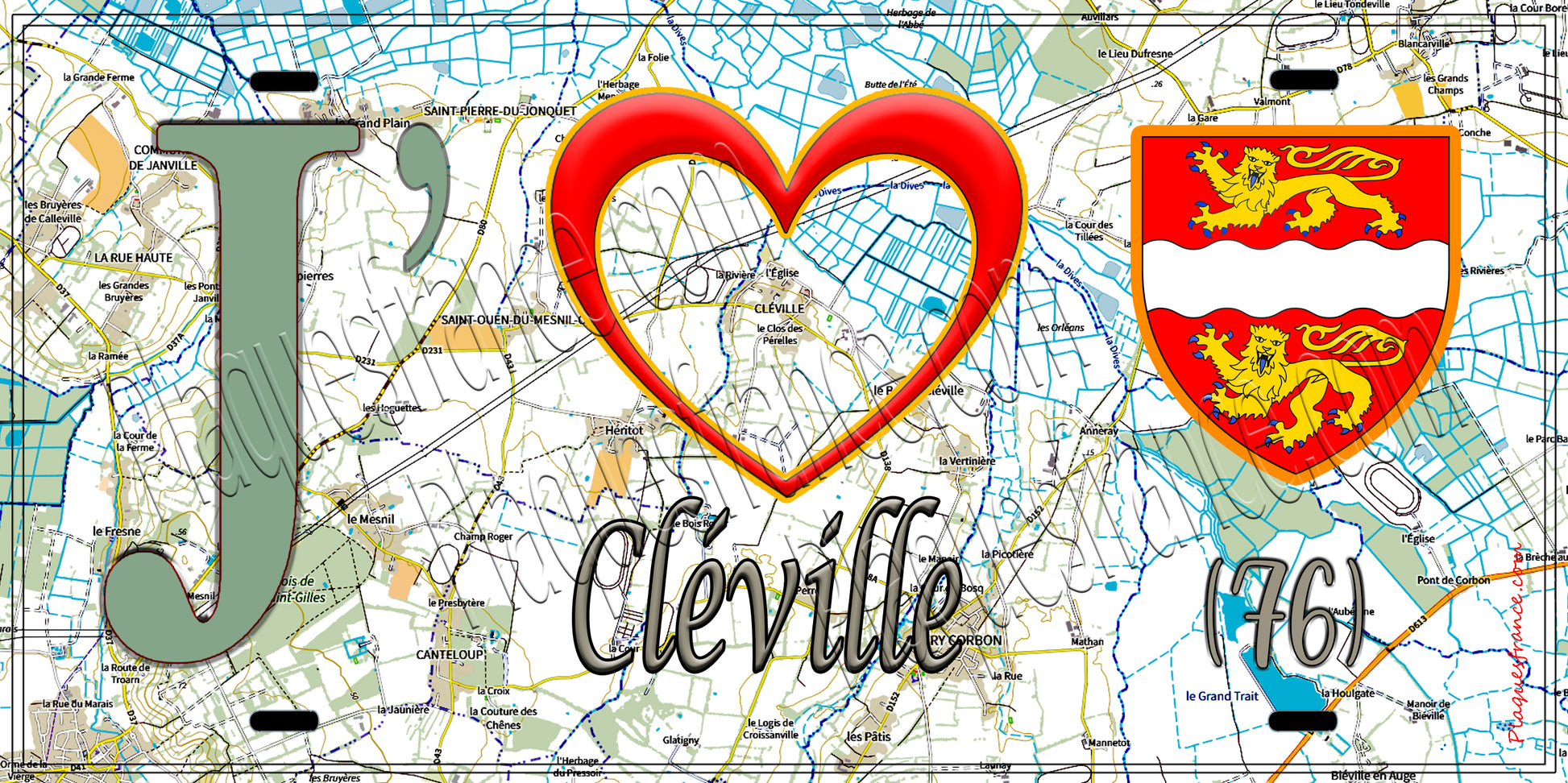Plaque métal décorative 15X30 J' ❤️ Cléville, Seine Maritime (76) géo