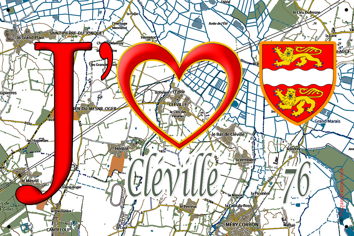 Plaque métal décorative 20 x 30 cm J' ❤️ Cléville, Seine Maritime (76)