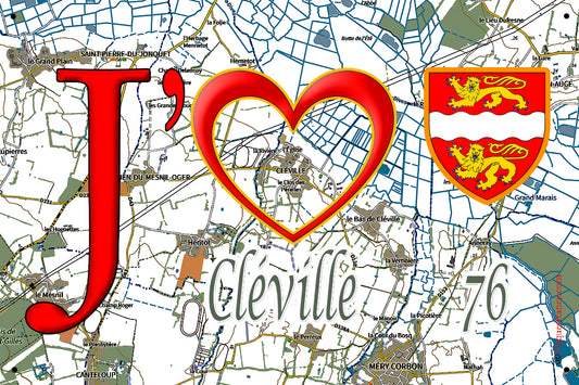 Plaque métal décorative 20 x 30 cm J' ❤️ Cléville, Seine Maritime (76)