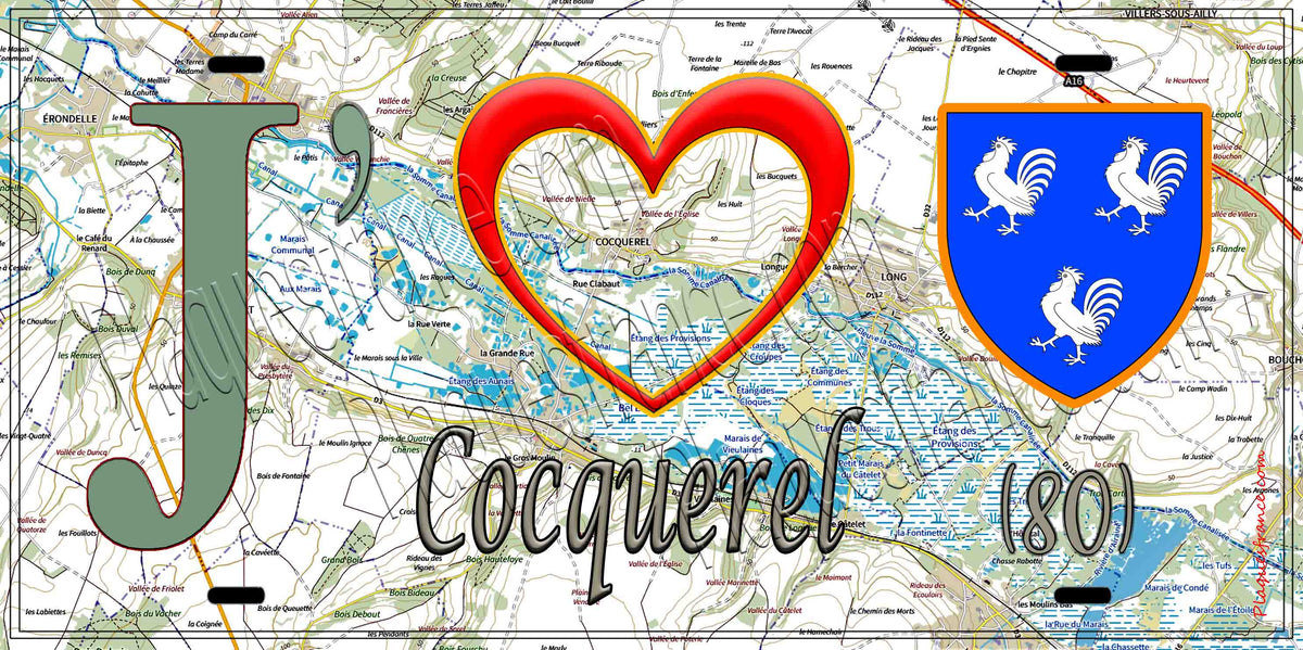 Plaque métal décorative 15X30 J' ❤️ il love Cocquerel, Somme (80)