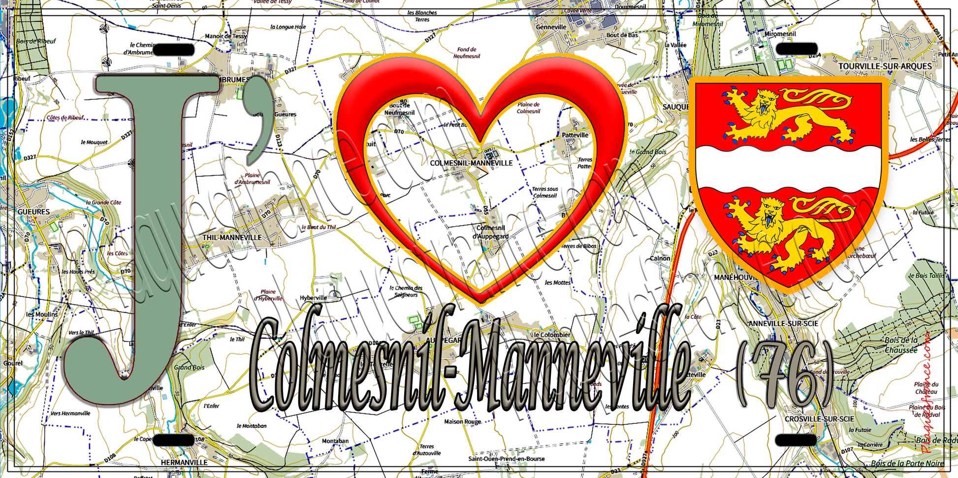 Plaque métal décorative  J' ❤️ Colmesnil-Manneville, Seine Maritime (76) géo