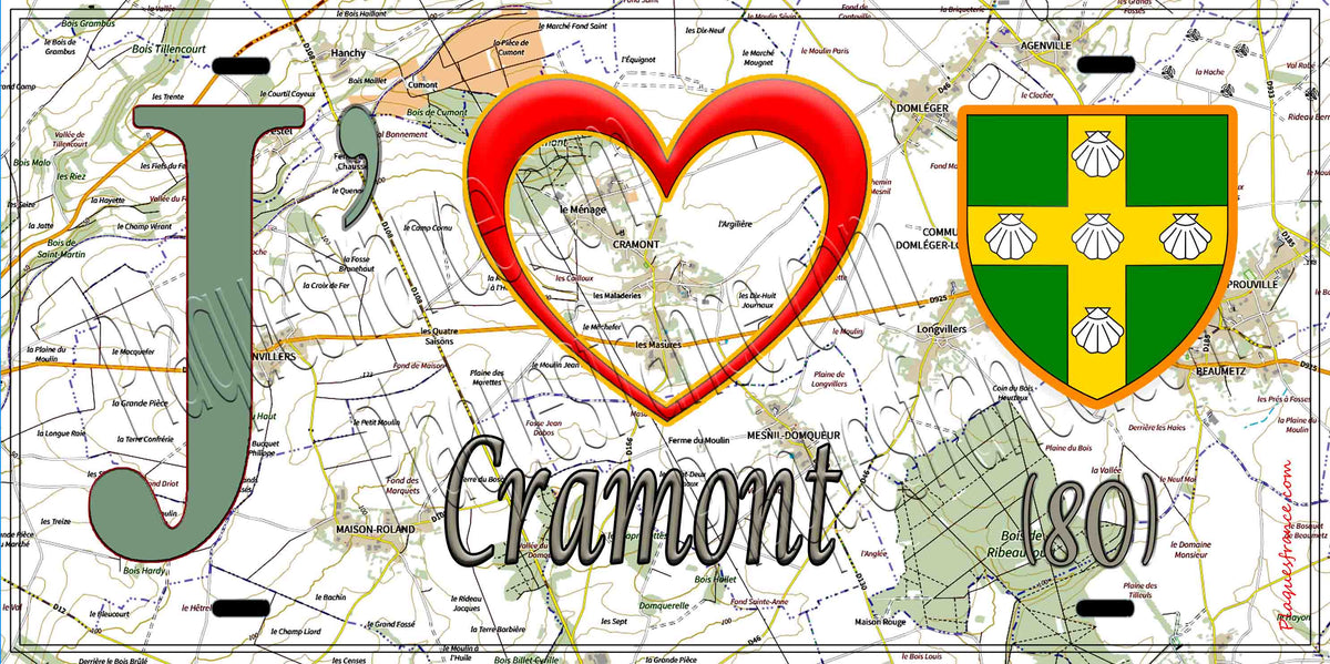 Plaque métal décorative 15X30 J' ❤️ il love Cramont, Somme (80) géo