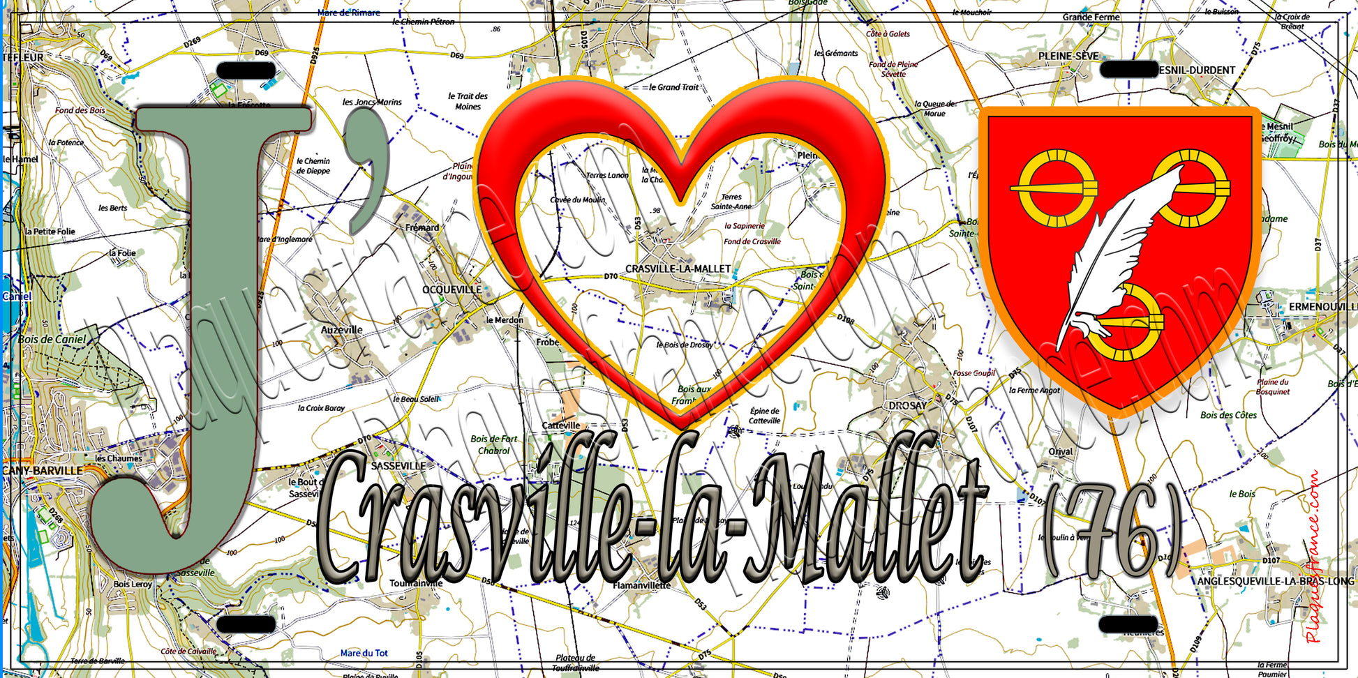Plaque métal décorative 15X30 J' ❤️ Crasville-la-Mallet, Seine Maritime (76) géo