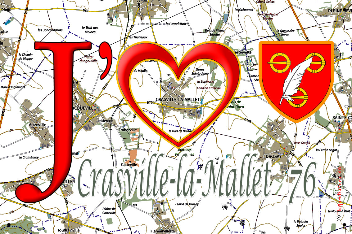 Plaque métal décorative 20 cm x 30 cm J' ❤️ Crasville-la-Mallet, Seine Maritime (76)
