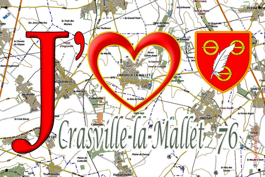Plaque métal décorative 20 cm x 30 cm J' ❤️ Crasville-la-Mallet, Seine Maritime (76)