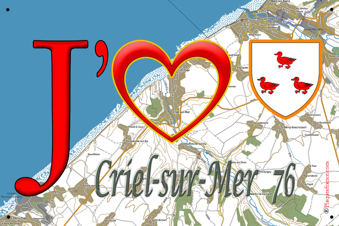 Plaque métal décorative 20 cm X 30 cm J' ❤️ Criel-sur-Mer, Seine Maritime (76)