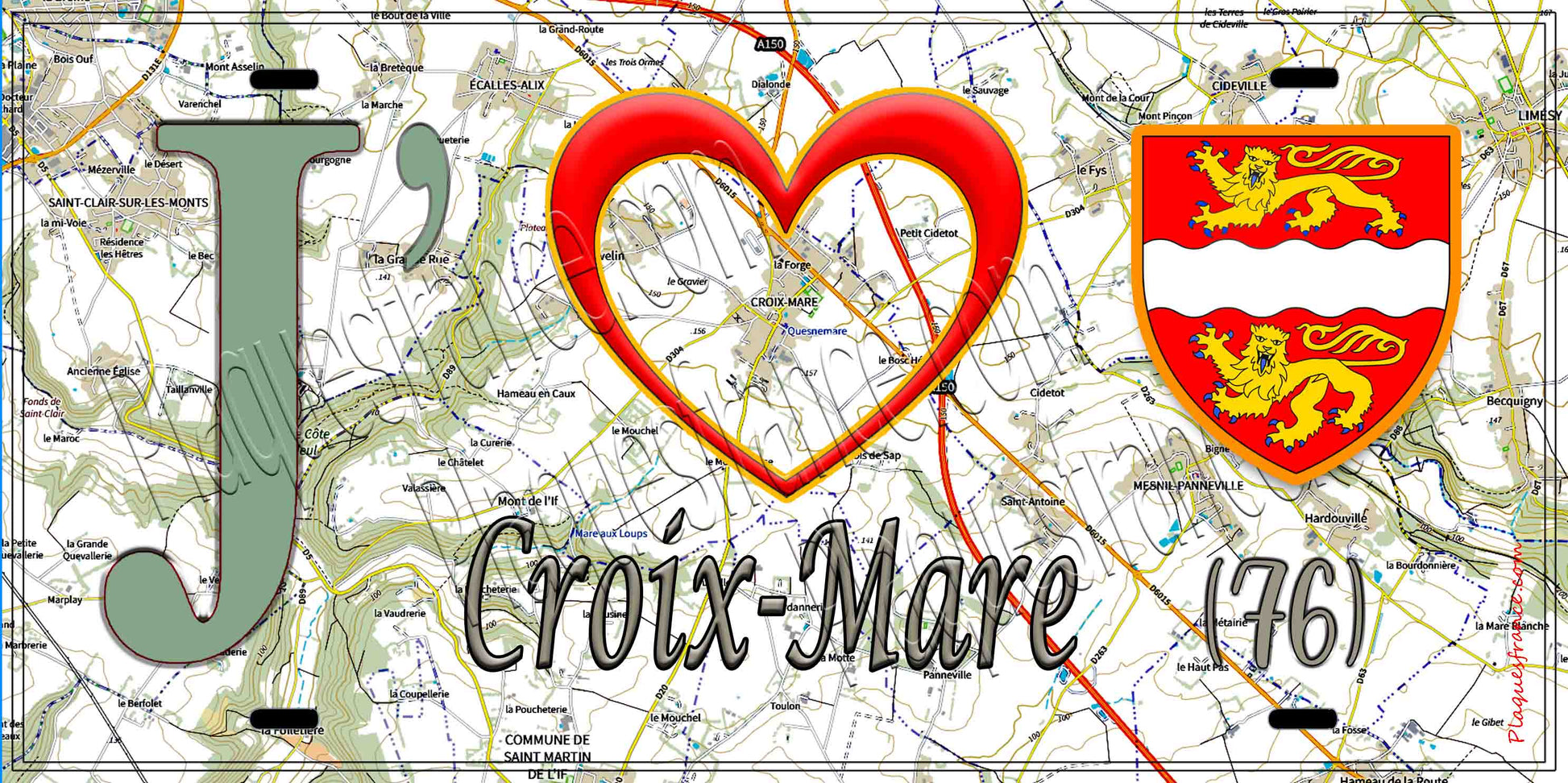 Plaque métal décorative 15X30 J' ❤️ Croix-Mare, Seine Maritime (76) géo