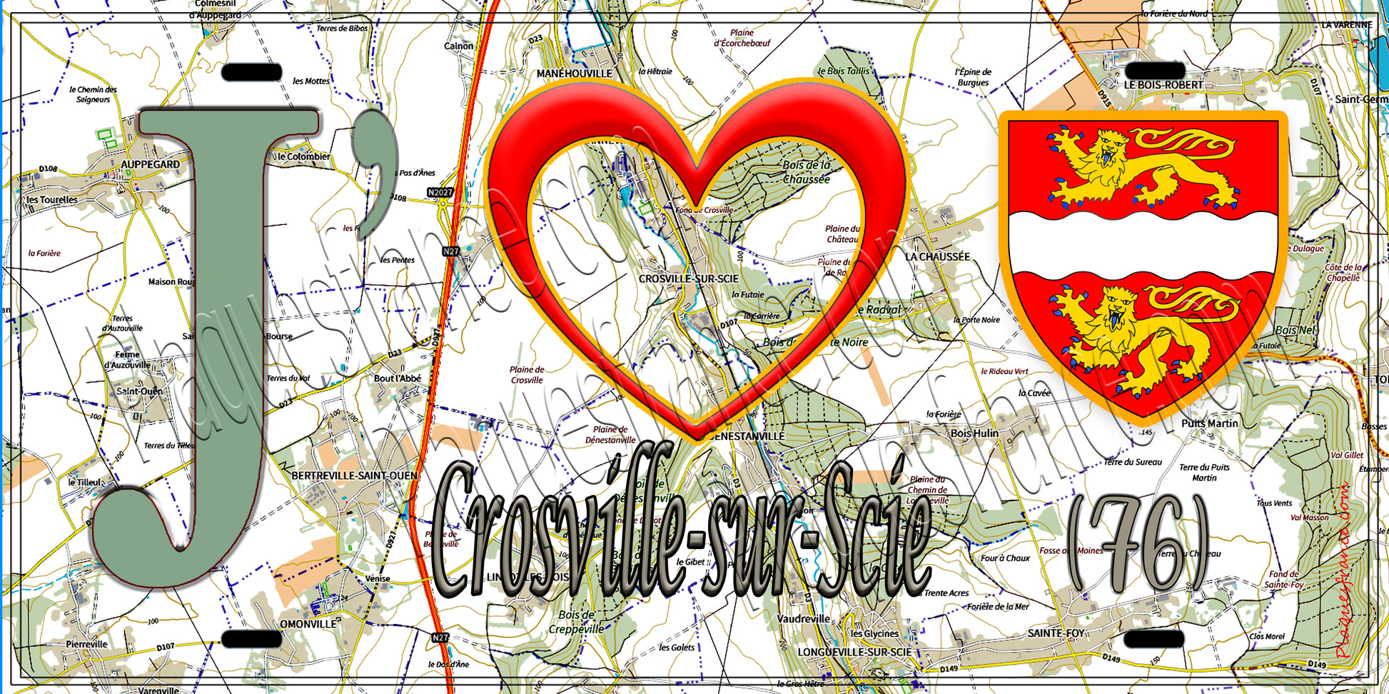 Plaque métal décorative 15x30 J' ❤️ Crosville-sur-Scie, Seine Maritime (76) geo