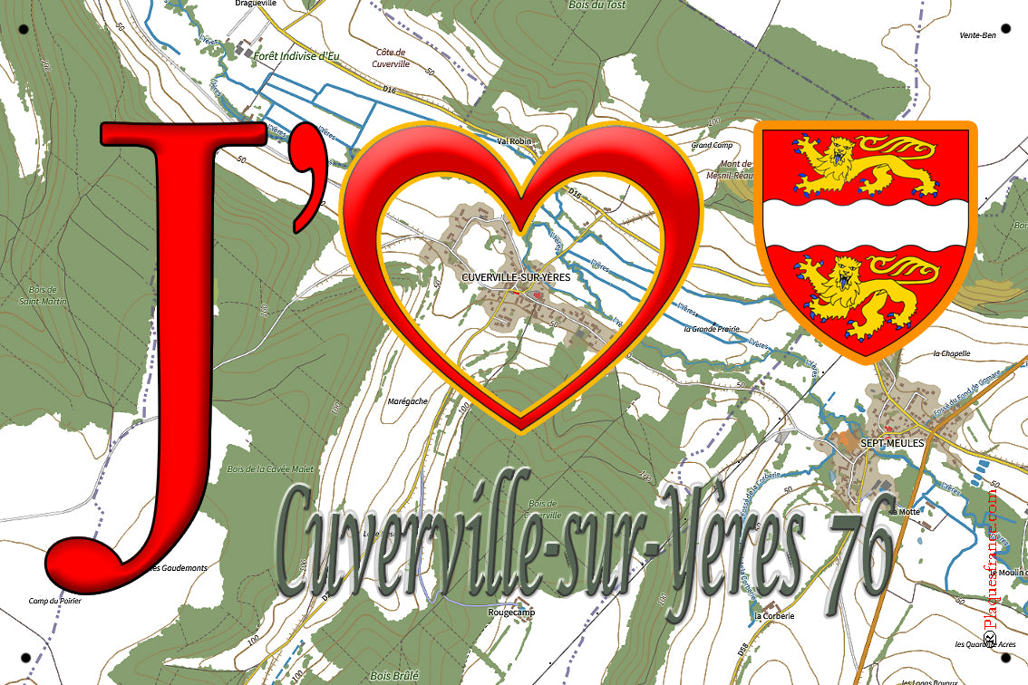 Plaque métal décorative 20 cm x 30 cm J' ❤️ Cuverville-sur-Yères, Seine Maritime (76)