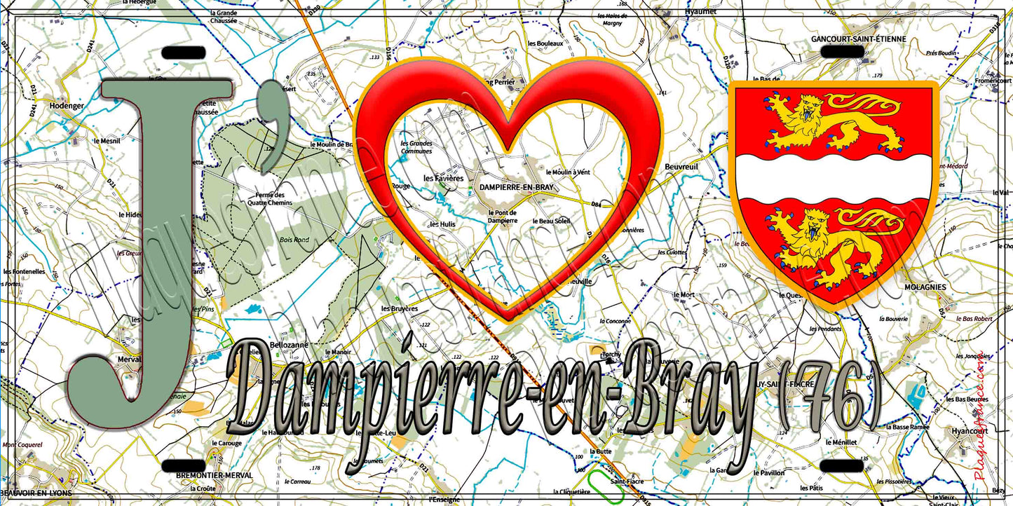 Plaque métal décorative 15X30 J' ❤️ Dampierre-en-Bray, Seine Maritime (76) géo