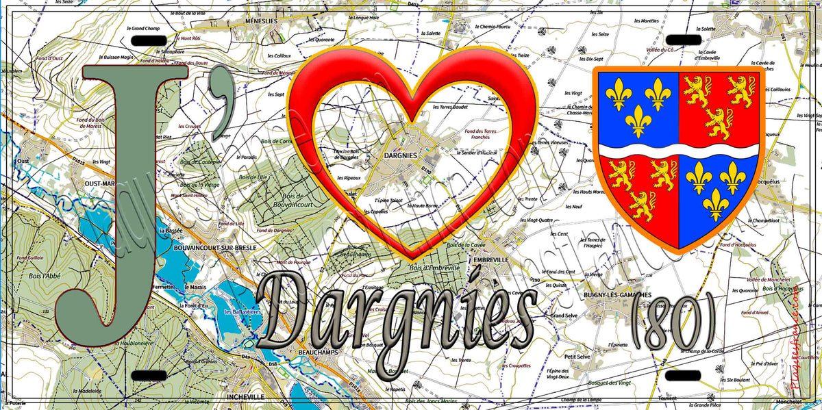 Plaque métal décorative 15X30 J' ❤️ Dargnies, Somme (80) geo