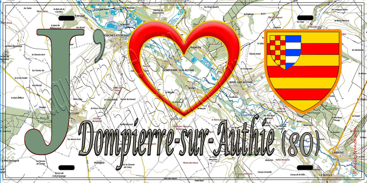 Plaque métal décorative 15X30 J' ❤️ il love Dompierre-sur-Authie, Somme (80) géo