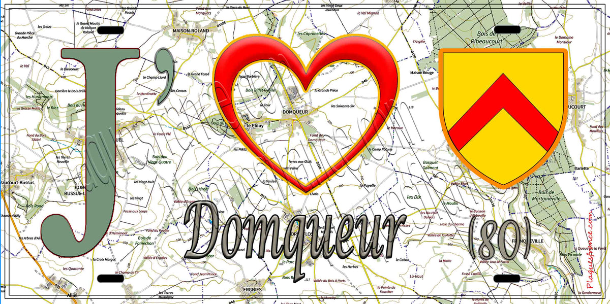 Plaque métal décorative 15X30 J' ❤️ il love Domqueur, Somme (80) géo