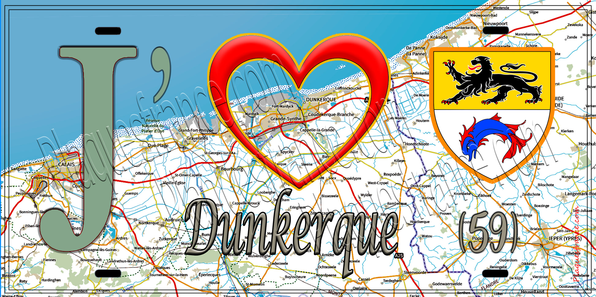 Plaque métal décorative 15X30 J' ❤️ Dunkerque, Nord (59) 