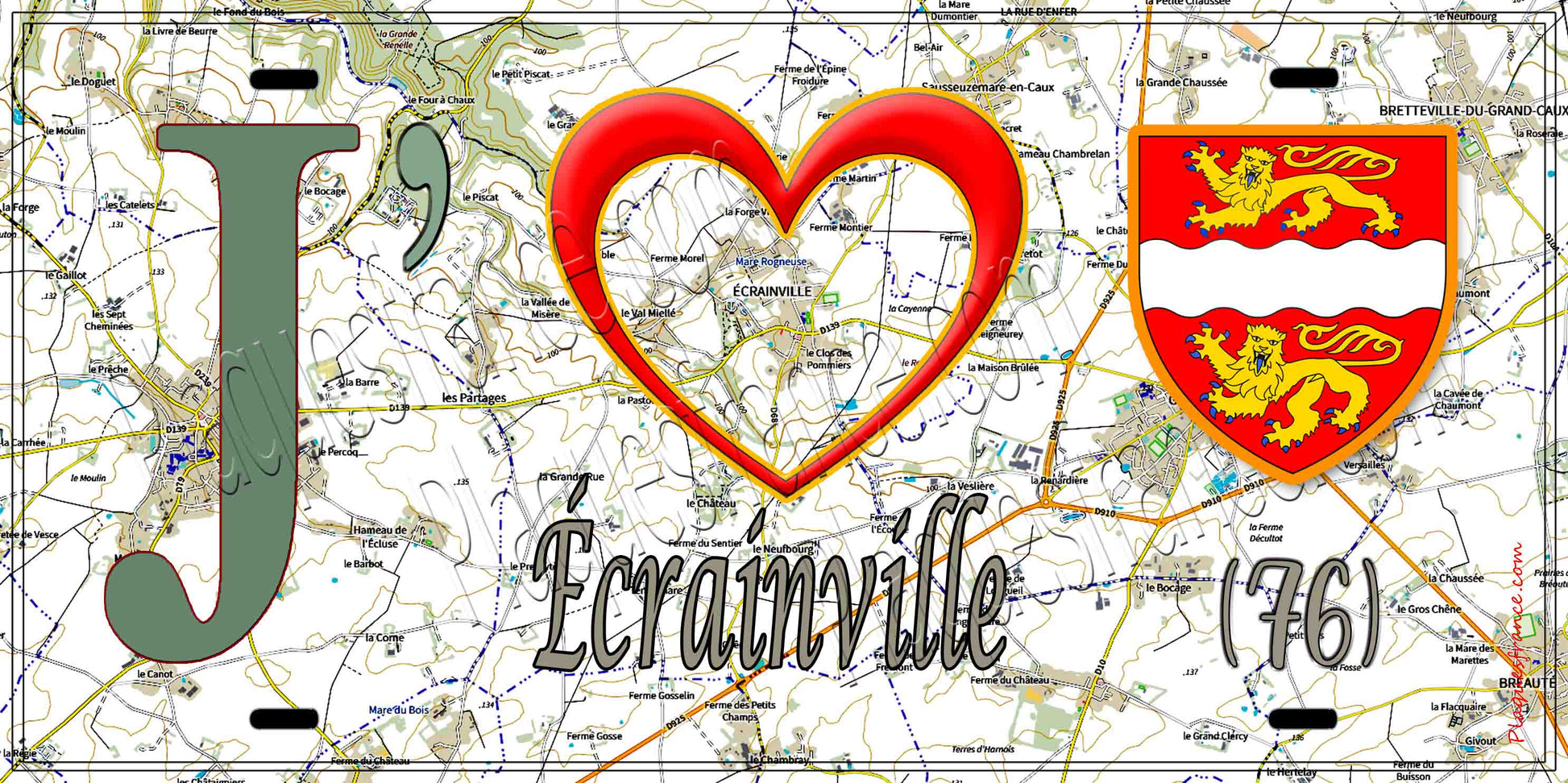 Plaque métal décorative 15X30 J' ❤️ Écrainville, Seine Maritime (76) géo
