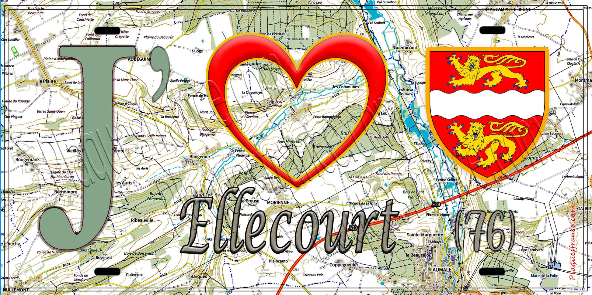 Plaque métal décorative 15X30 J' ❤️ Ellecourt, Seine Maritime (76) géo