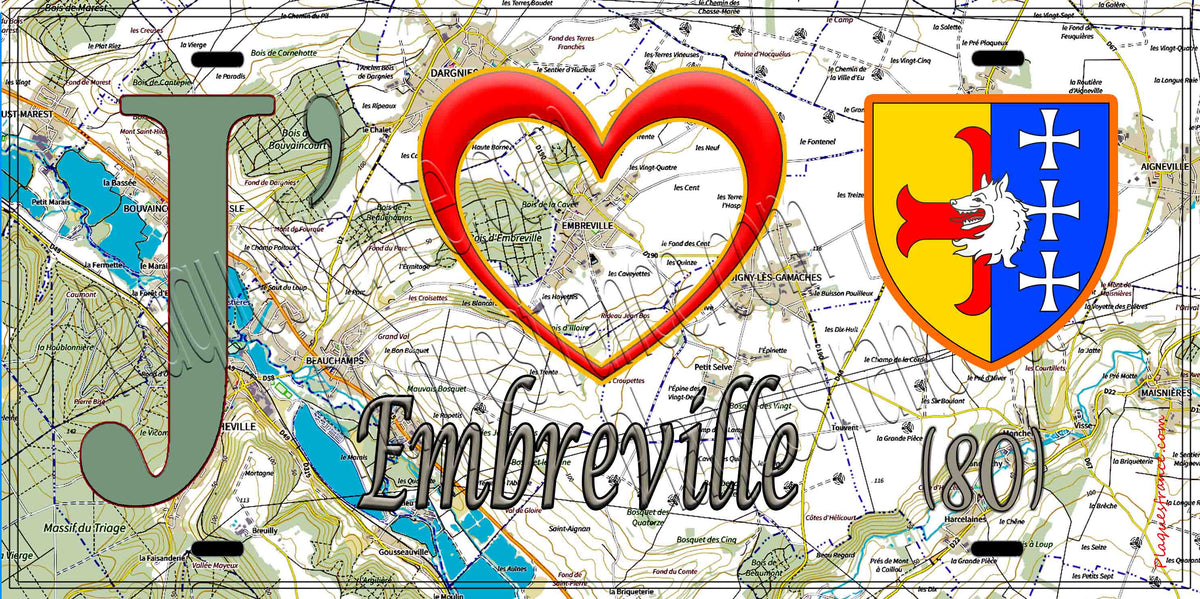 Plaque métal décorative 15X30 J' ❤️ Embreville, Somme (80) géo