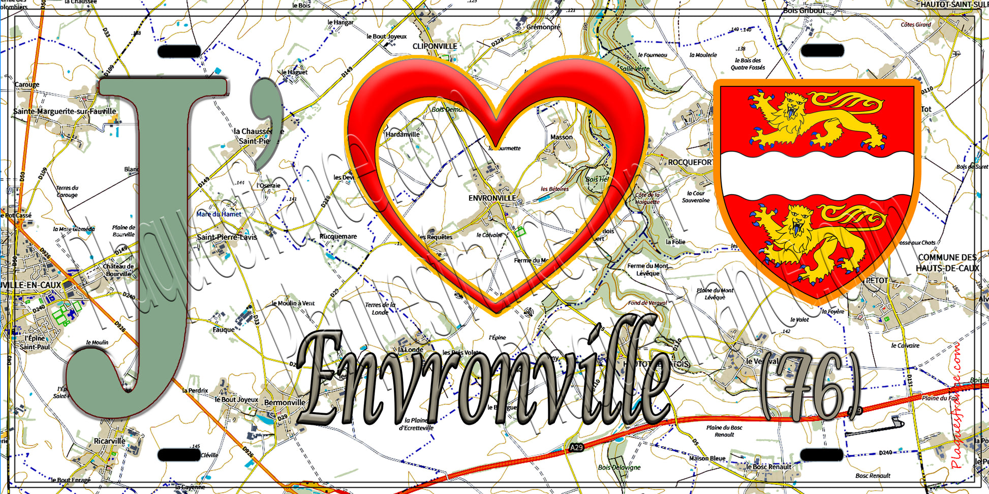 Plaque métal décorative 15X30 J' ❤️ Envronville, Seine Maritime (76) géo