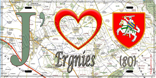 Plaque métal décorative 15X30 J' ❤️ il love Ergnies, Somme (80) géo
