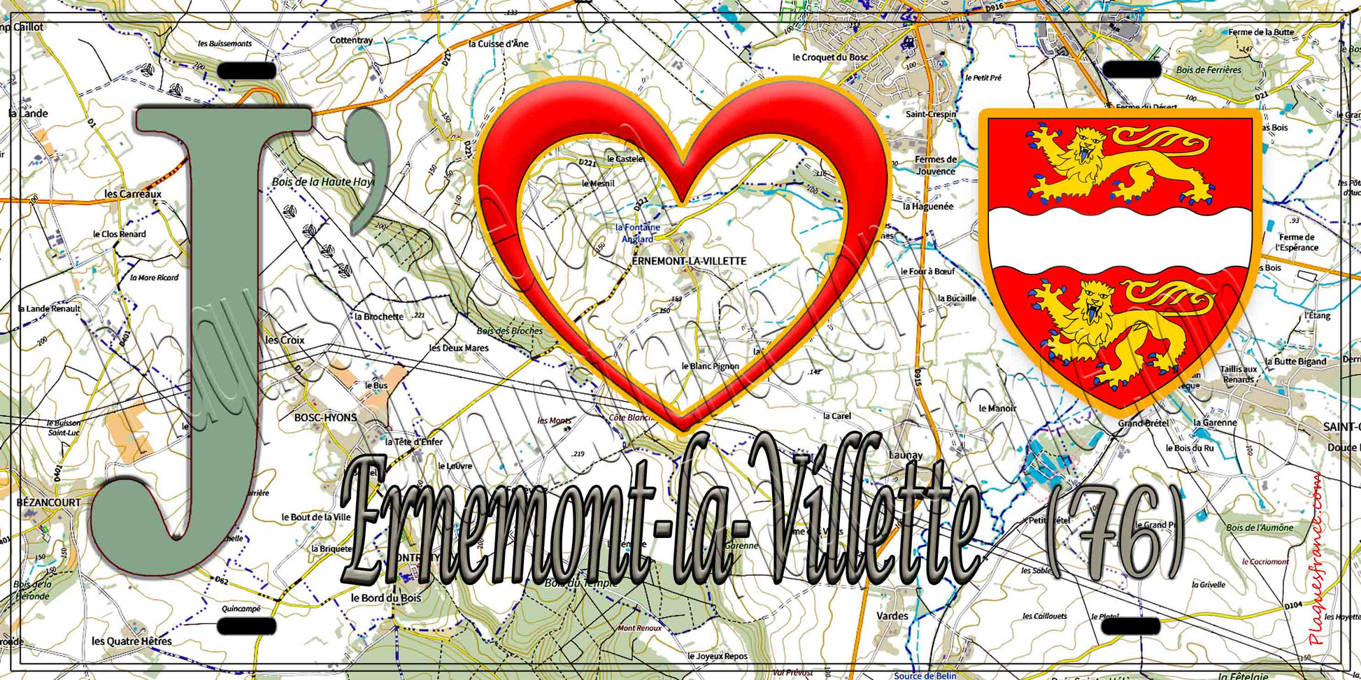 Plaque métal décorative 15X30 J' ❤️ Ernemont-la-Villette, Seine Maritime (76) géo