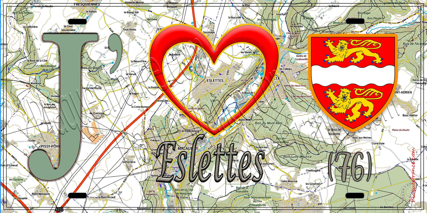 Plaque métal décorative 15X30 J' ❤️ Eslettes, Seine Maritime (76) geo