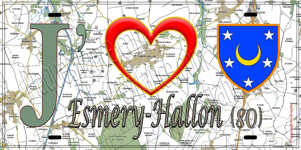Plaque métal décorative 15X30 J' ❤️ Esmery-Hallon, Somme (80)