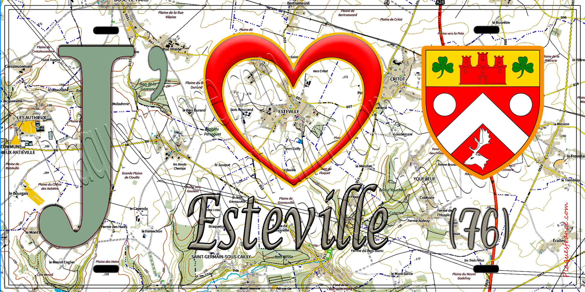 Plaque métal décorative 15X30 J' ❤️ Esteville, Seine Maritime (76) géo