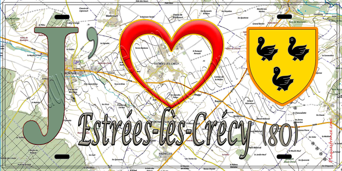 Plaque métal décorative 15X30 J' ❤️ il love Estrées-lès-Crécy, Somme (80) 