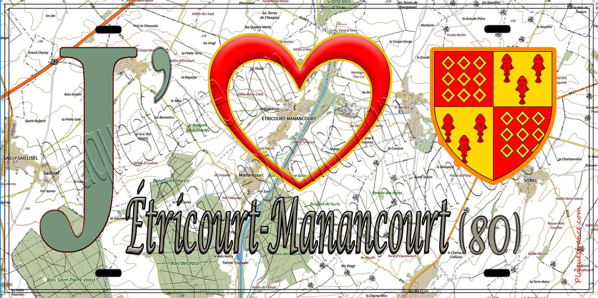 Plaque métal décorative 15X30 J' ❤️ Étricourt-Manancourt, Somme (80)