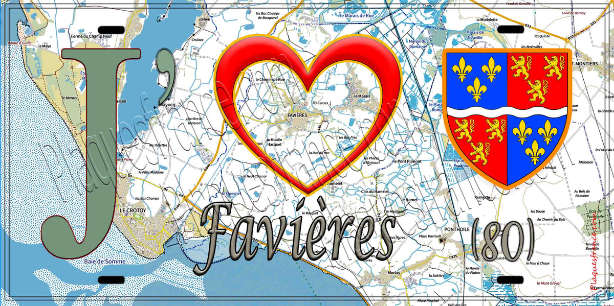 Plaque métal décorative 15X30 J' ❤️ il love Favières, Somme (80) 