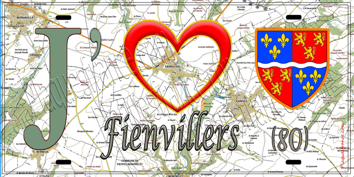 Plaque métal décorative 15X30 J' ❤️ Fienvillers, Somme (80)