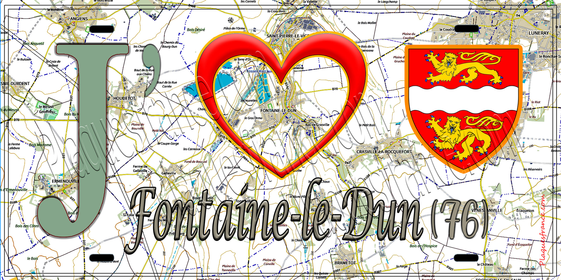 Plaque métal décorative 15X30 J' ❤️ Fontaine-le-Dun, Seine Maritime (76) géo