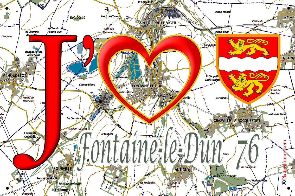 Plaque métal décorative 20 cm x 30 cm J' ❤️ Fontaine-le-Dun, Seine Maritime (76)