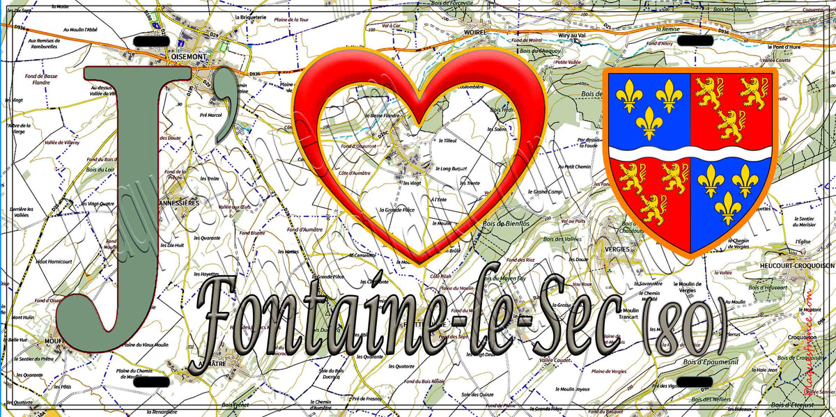 Plaque métal décorative 15X30 J' ❤️ Fontaine-le-Sec, Somme (80) géo