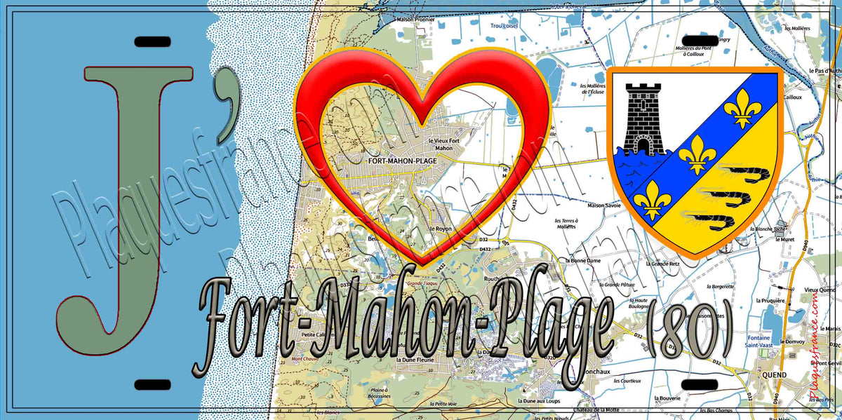 Plaque métal décorative 15X30 J' ❤️ il love Fort-Mahon-Plage, Somme (80) géo