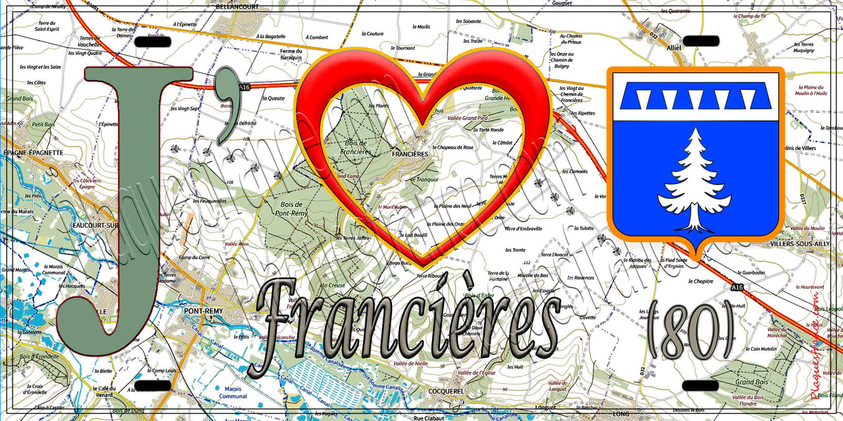 Plaque métal décorative 15X30 J' ❤️ il love Francières, Somme (80)