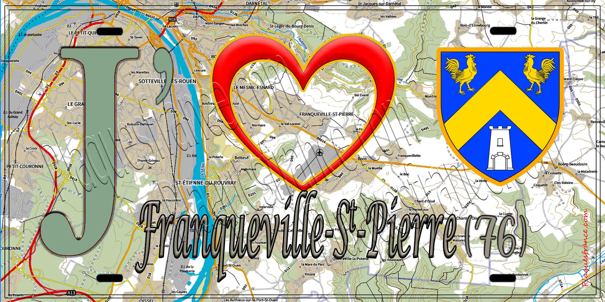 Plaque métal décorative 15X30 J' ❤️ Franqueville-Saint-Pierre, Seine Maritime (76) géo