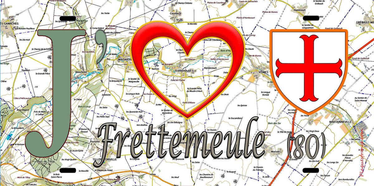 Plaque métal décorative 15X30 J' ❤️ Frettemeule, Somme (80) geo