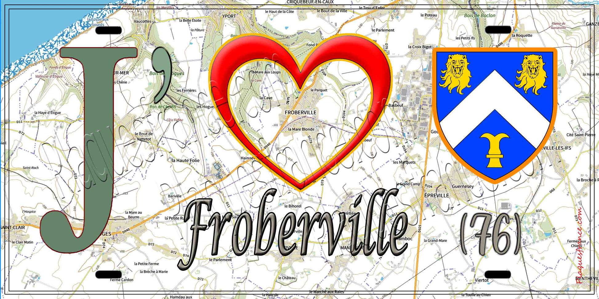 Plaque métal décorative 15X30 J' ❤️ Froberville, Seine Maritime (76) geo
