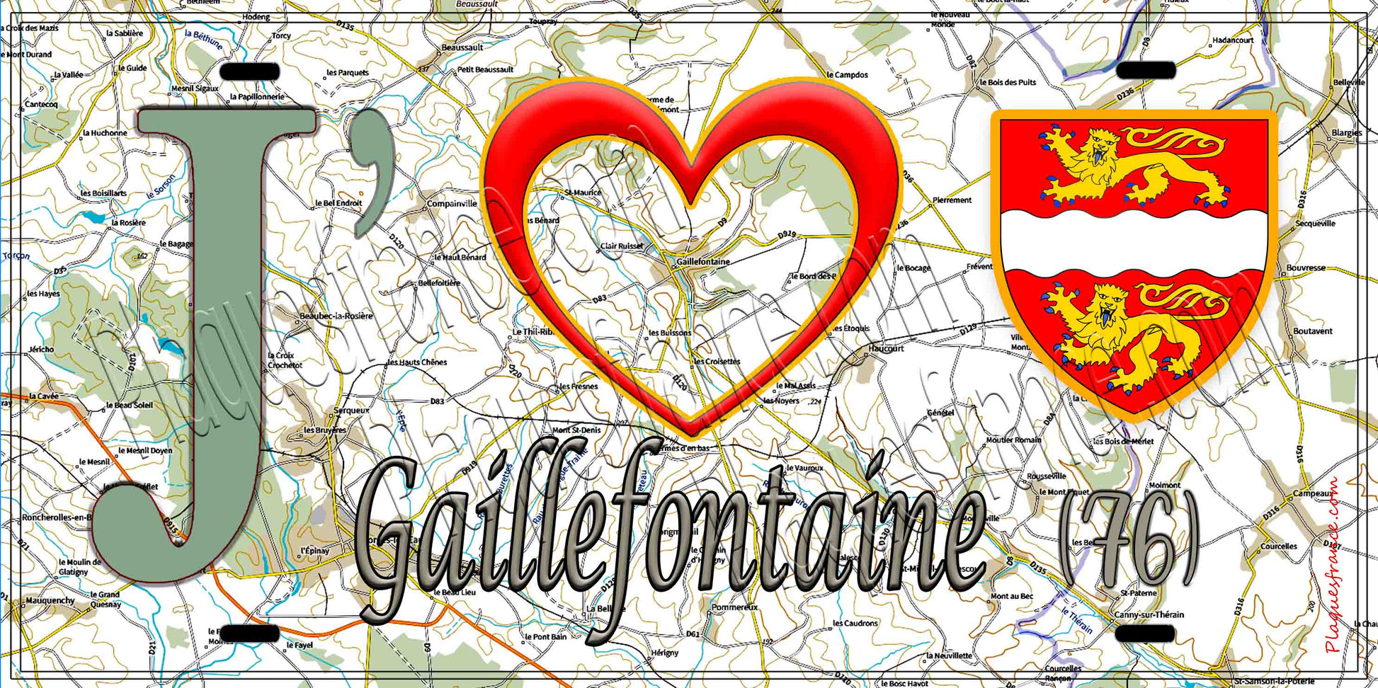 Plaque métal décorative 15X30 J' ❤️ Gaillefontaine, Seine Maritime (76) géo