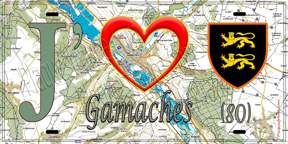 Plaque métal décorative 15X30 J' ❤️ Gamaches, Somme (80) geo