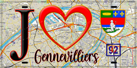 Plaque métal décorative  J' ❤️ Gennevilliers, Hauts de Seine (92) fond carte